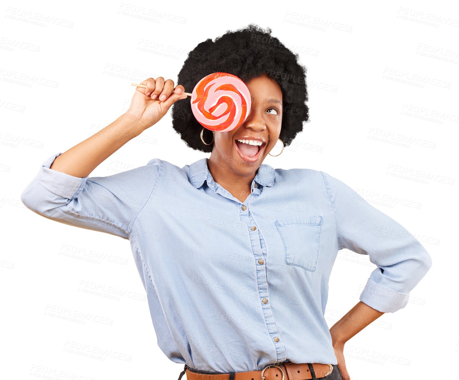 Buy stock photo Candy, excited and black woman with lollipop isolated on a transparent png background. Sweets, happy and African person with sugar snack, hungry for dessert and smile for eating confectionery food