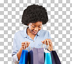 Bag, wow and happy black woman shopping, excited and smile for sale in studio on yellow background. Discount, shopper and girl customer cheerful after boutique, retail or store deal posing isolated