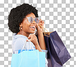 Bag, portrait and black woman shopping, excited and celebrating sale in studio on yellow background. Face, shopper and girl customer cheerful after boutique, retail or store discount posing isolated