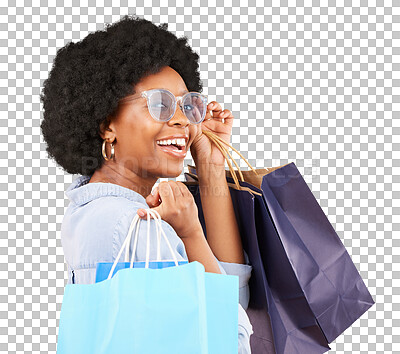 Buy stock photo Smile, shopping bags and portrait of a woman or happy customer for sale, discount or promotion. Black female person isolated on a transparent, png background with sunglasses, retail or wow surprise
