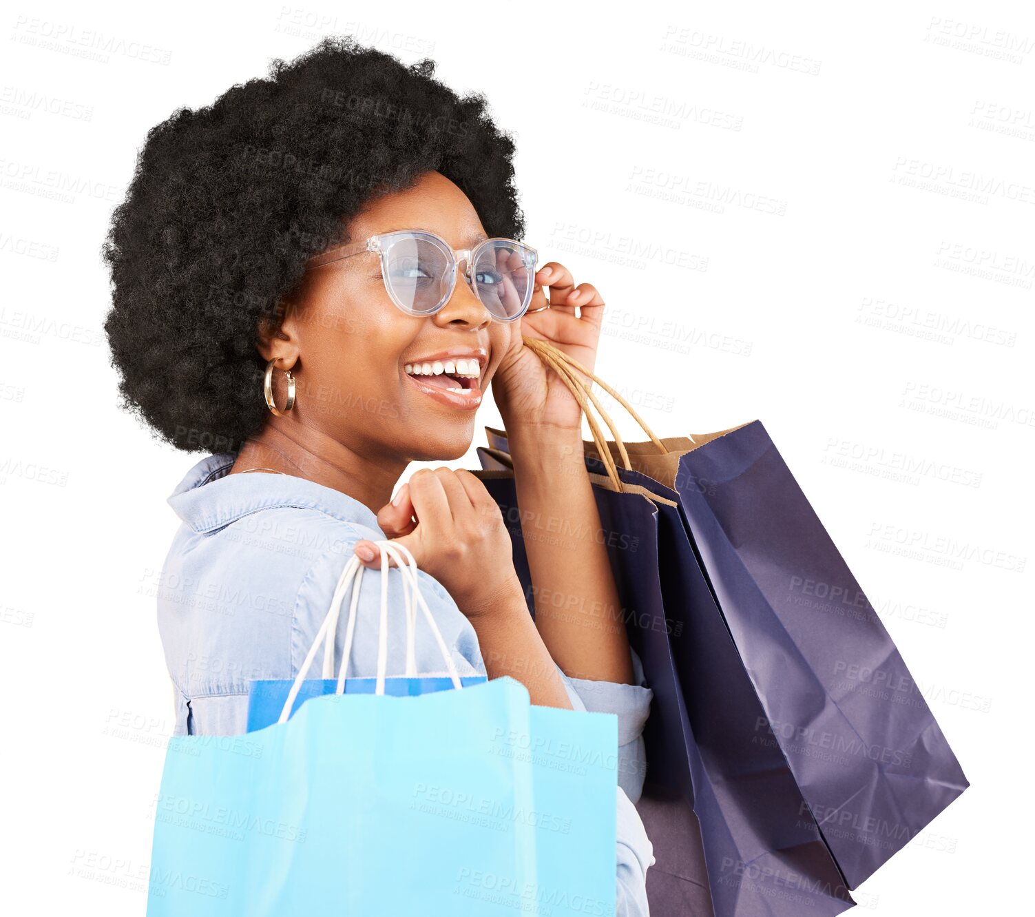 Buy stock photo Smile, shopping bags and portrait of a woman or happy customer for sale, discount or promotion. Black female person isolated on a transparent, png background with sunglasses, retail or wow surprise
