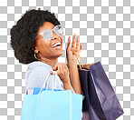 Shopping bag, retail and happy black woman with sales product, discount fashion deal or mall store present. Commerce market, luxury designer gift or chic studio customer isolated on yellow background