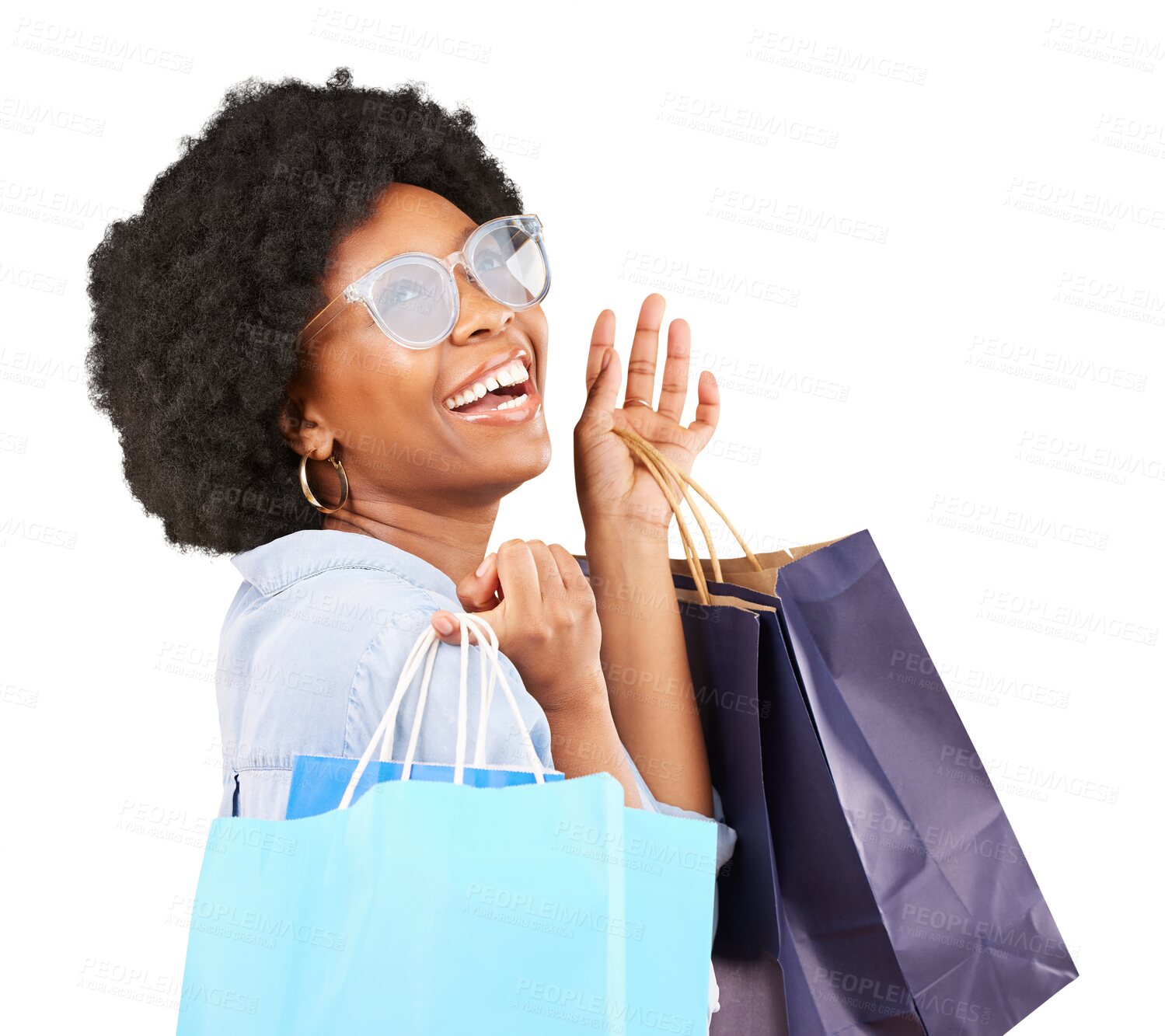 Buy stock photo Shopping bags, thinking and a happy customer or woman laughing for sale, discount or promotion. Black female person isolated on a transparent, png background with glasses, retail or wow surprise
