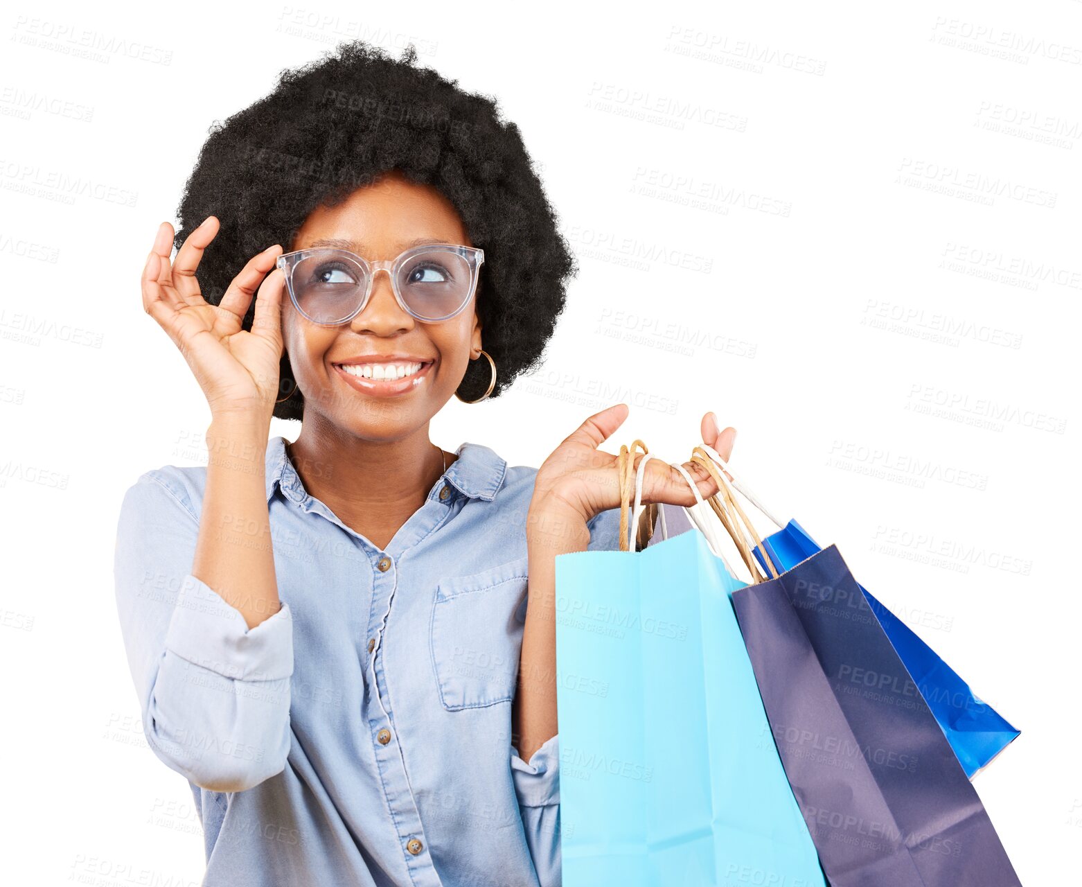 Buy stock photo Shopping bags, excited and a woman or happy customer thinking of sale, discount or promotion. Black female person isolated on a transparent, png background with sunglasses, retail or wow surprise
