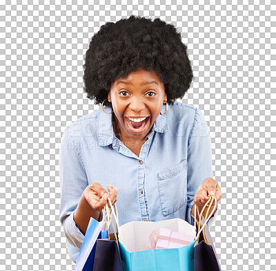 Buy stock photo Shopping bags, excited and portrait for a happy customer or woman for sale, discount or promotion. Black female person isolated on a transparent, png background with consumer, retail or wow surprise