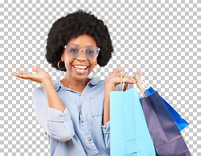 Buy stock photo Excited, shopping bags and portrait of a woman or happy customer with sale, discount or promotion. Black female person isolated on a transparent, png background with sunglasses, palm or wow surprise
