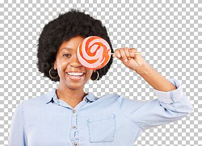 Buy stock photo Candy, smile and black woman with lollipop in portrait isolated on a transparent png background. Face, sweets or happy African person with sugar snack, hungry for dessert or eating confectionery food