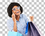 Shopping bag, phone call communication or black woman with sales product, discount fashion deal or mall store present. Talking, designer gift or chic happy customer chat isolated on yellow background