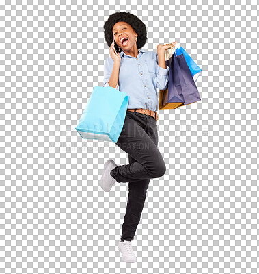 Buy stock photo Shopping bags, phone call and a happy customer or woman excited for sale, discount or promotion. Black female person isolated on a transparent, png background with smartphone, connection or wow deal
