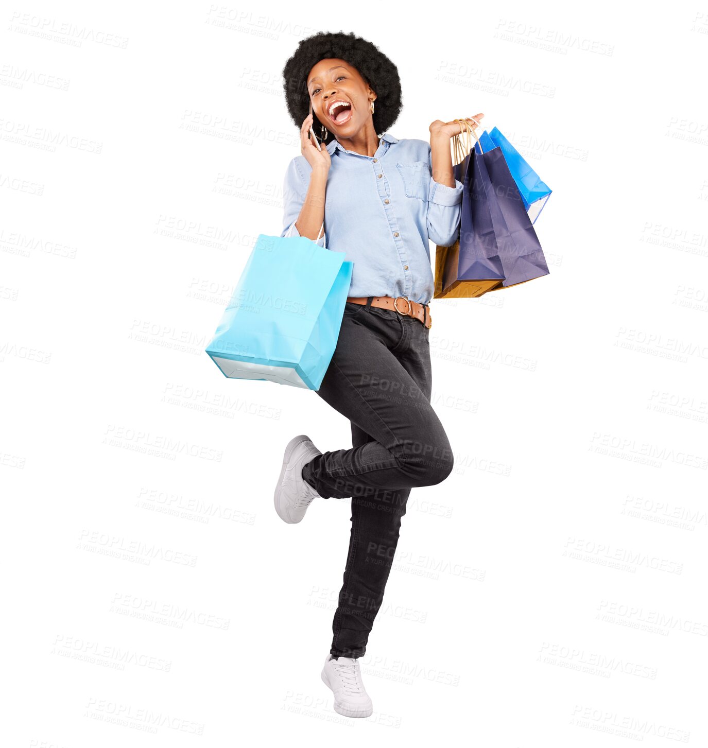 Buy stock photo Shopping bags, phone call and a happy customer or woman excited for sale, discount or promotion. Black female person isolated on a transparent, png background with smartphone, connection or wow deal
