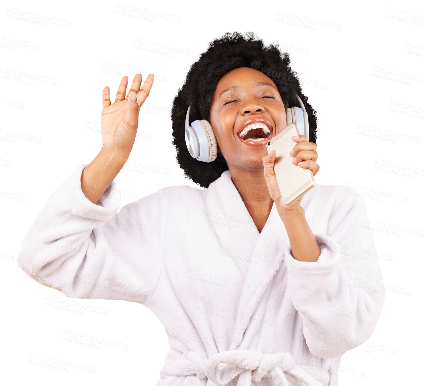 Buy stock photo Black woman, singing and happy in a bathrobe with phone isolated on a transparent png background. Smile, headphones and African person dance with music microphone while streaming podcast or radio