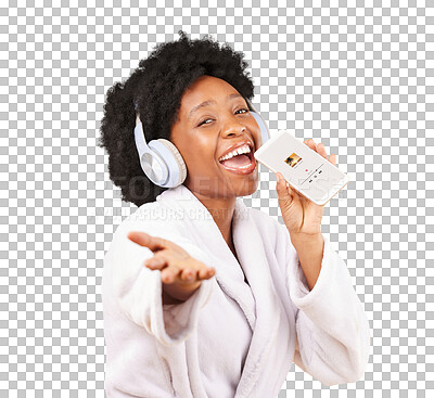 Black woman, music headphones and singing with phone in studio isolated on a yellow background. Karaoke singer, bathrobe and face portrait of happy female with mobile while streaming podcast or radio
