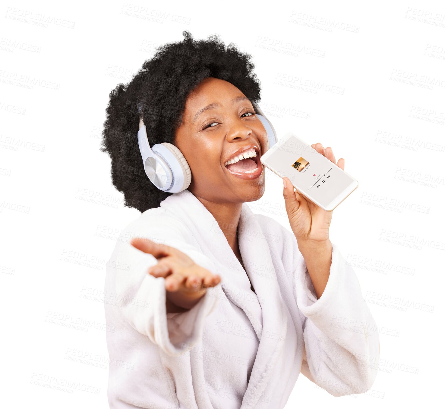 Buy stock photo Black woman, headphones and smartphone, singing and music with energy isolated on png transparent background. Female person, technology and listening to radio, audio streaming and portrait with fun