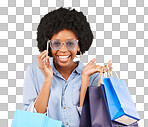 Shopping bag, happy phone call or portrait black woman with sales product, discount fashion deal or mall store present. Talking face, designer gift or chic customer chat isolated on yellow background