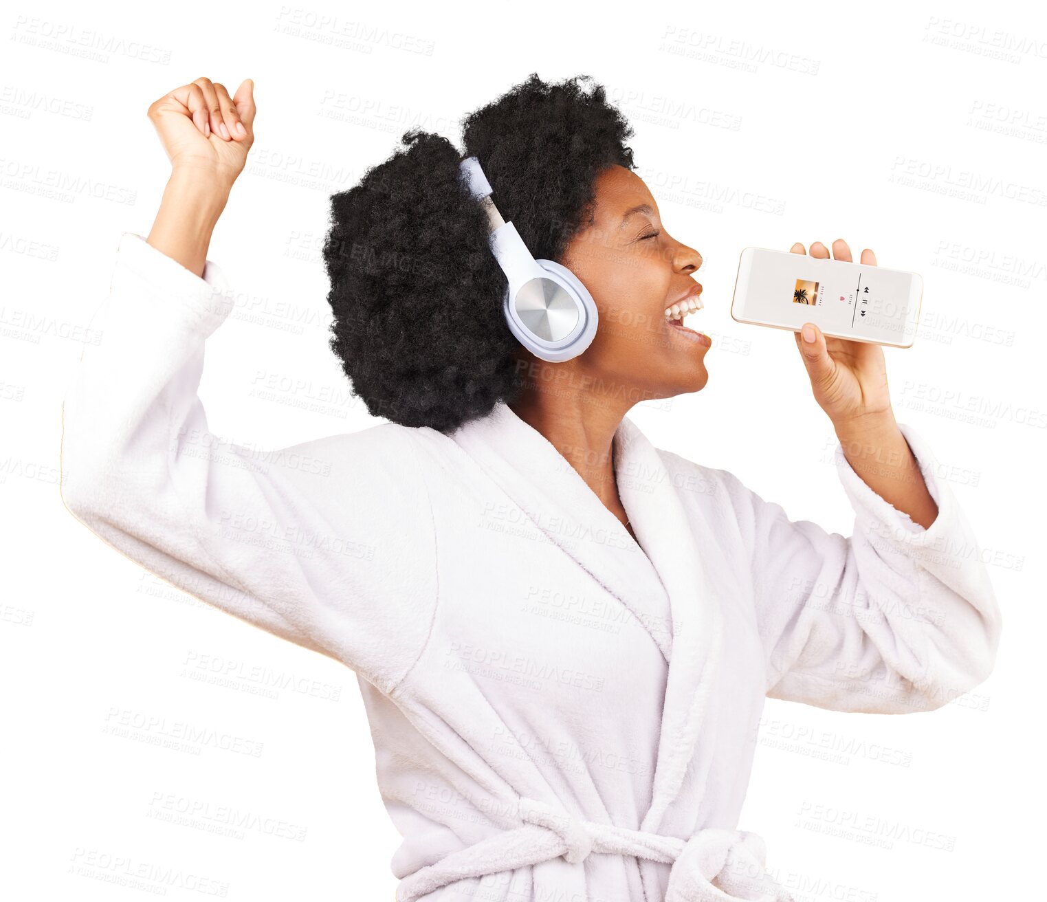 Buy stock photo Black woman, phone and singing while listening to music in happiness with bathrobe isolated on a transparent PNG background. Singer, headphones or happy African female dancer with mobile smartphone