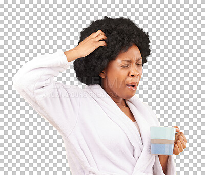 Buy stock photo Tired, wake up and morning with black woman and coffee on png for sleepy, yawning and fatigue. Exhausted, caffeine and drink with person in bathrobe isolated on transparent background for insomnia