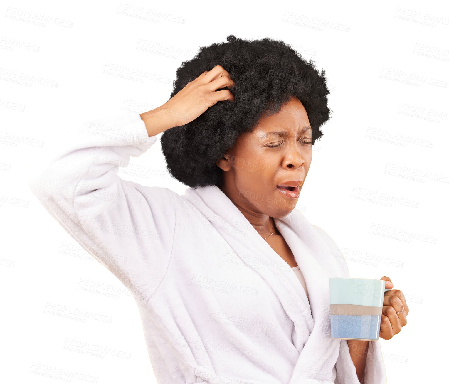 Buy stock photo Tired, wake up and morning with black woman and coffee on png for sleepy, yawning and fatigue. Exhausted, caffeine and drink with person in bathrobe isolated on transparent background for insomnia