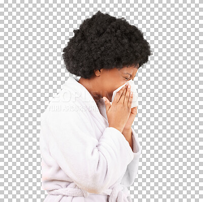 Buy stock photo Sneeze, sick and black woman with tissue, illness or viral infection on isolated, transparent and png background. Covid, cough and African lady with blowing nose paper, bacteria or allergy profile