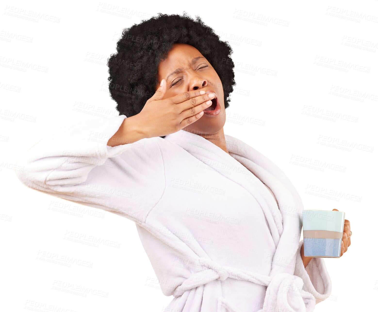 Buy stock photo Yawning, wake up and morning with black woman and coffee on png for sleepy, tired and fatigue. Exhausted, caffeine and drink with person in bathrobe isolated on transparent background for insomnia