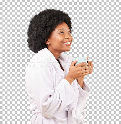 Happy, coffee and relaxed black woman in studio, waking up and smile on yellow background space. Carefree, relax and female with tea in bathrobe, satisfied and cheerful, stress relief and isolated