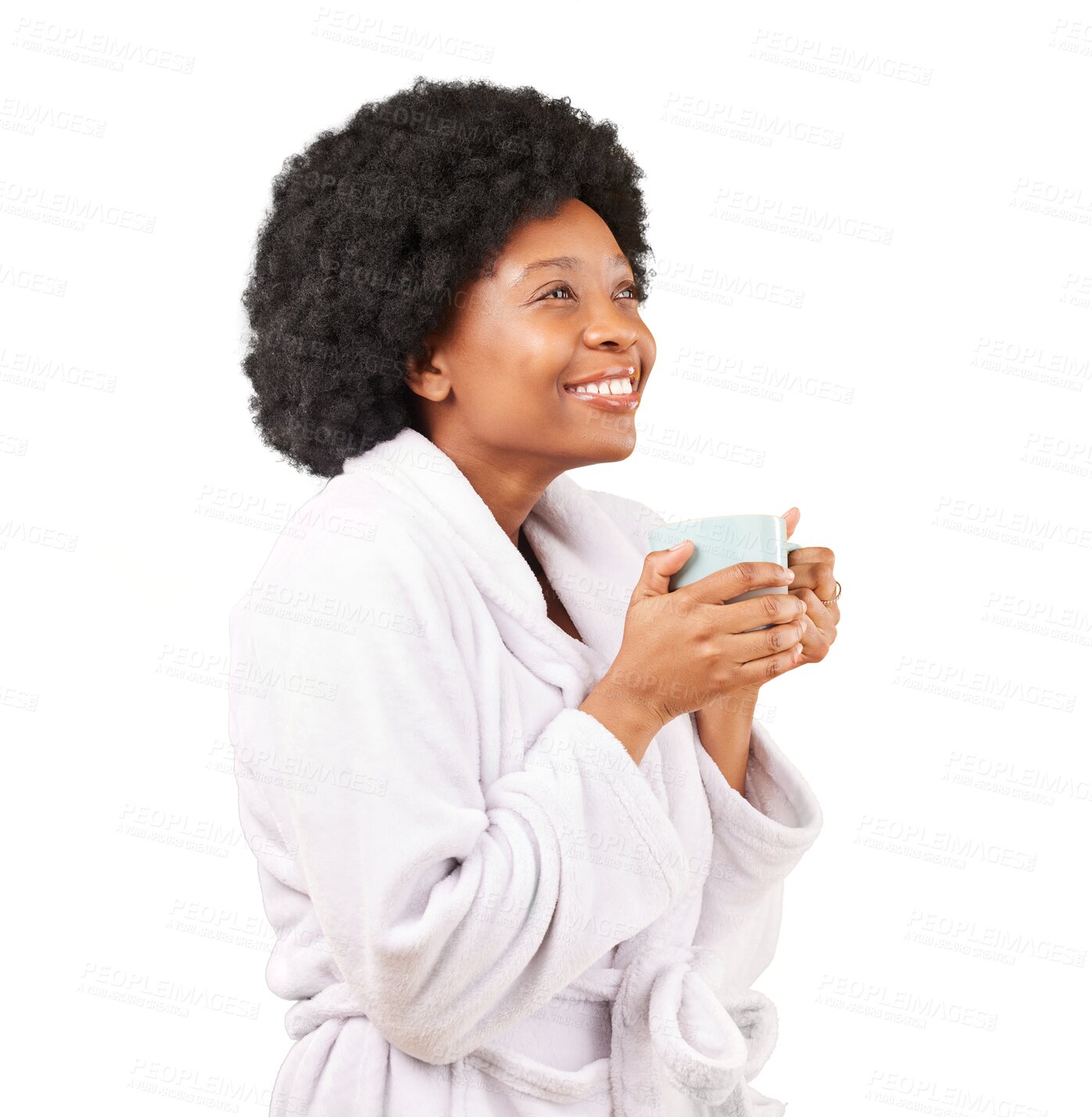 Buy stock photo Happy, coffee and relaxed black woman in morning witn gown and smile isolated in transparent or png background. Carefree, calm and African person with tea in bathrobe, satisfied, peace and happiness