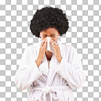 Black woman, afro and sick blowing nose with tissue and morning gown against a studio background. Isolated African American female with cold, flu or symptoms for illness, covid or fever on mockup