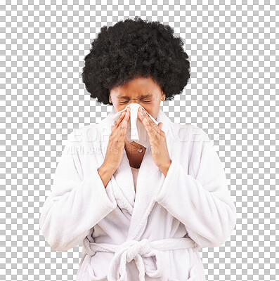 Black woman, afro and sick blowing nose with tissue and morning gown against a studio background. Isolated African American female with cold, flu or symptoms for illness, covid or fever on mockup