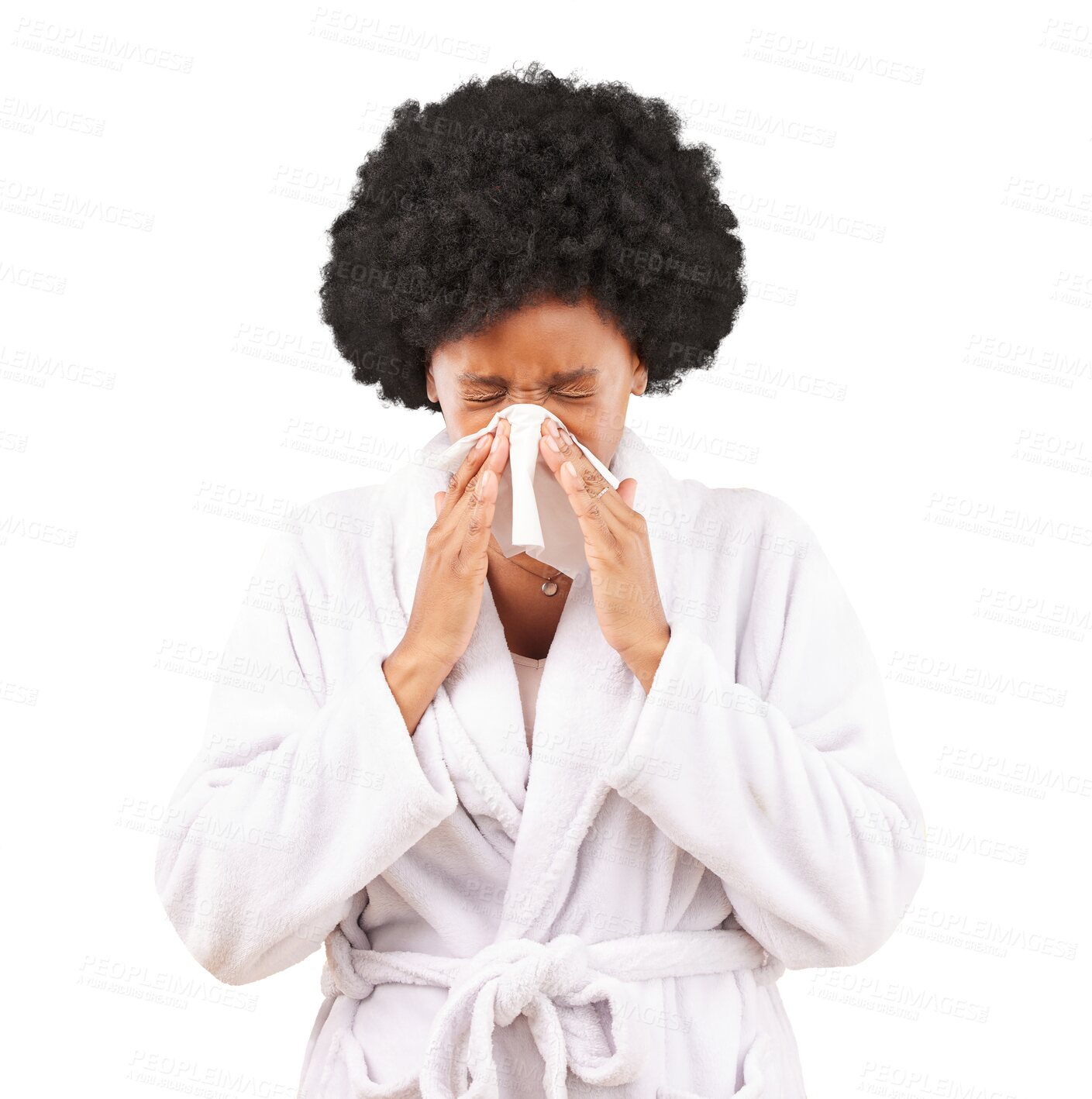 Buy stock photo Sick, sneezing and black woman with tissue, illness or viral infection on isolated, transparent and png background. Covid, sneeze and African lady with blowing nose paper, bacteria or allergy virus