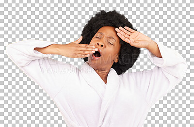 Buy stock photo Yawn, morning and wake up of black woman with afro in bathrobe isolated on a transparent PNG background. Relax, tired or rest of an exhausted young African female yawning or stretching after sleeping