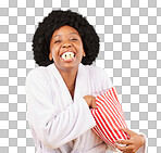 Funny face, portrait and black woman eating popcorn in studio isolated on a yellow background. Comic smile, food and laughing, hungry and happy female eat corn or snack in morning gown or bathrobe.