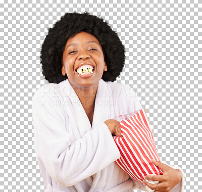 Buy stock photo Funny, portrait and black woman eating popcorn, happy and snack isolated on a transparent background. Face, person and model with happiness, humor and smile with a snack, corn and png with a bathrobe