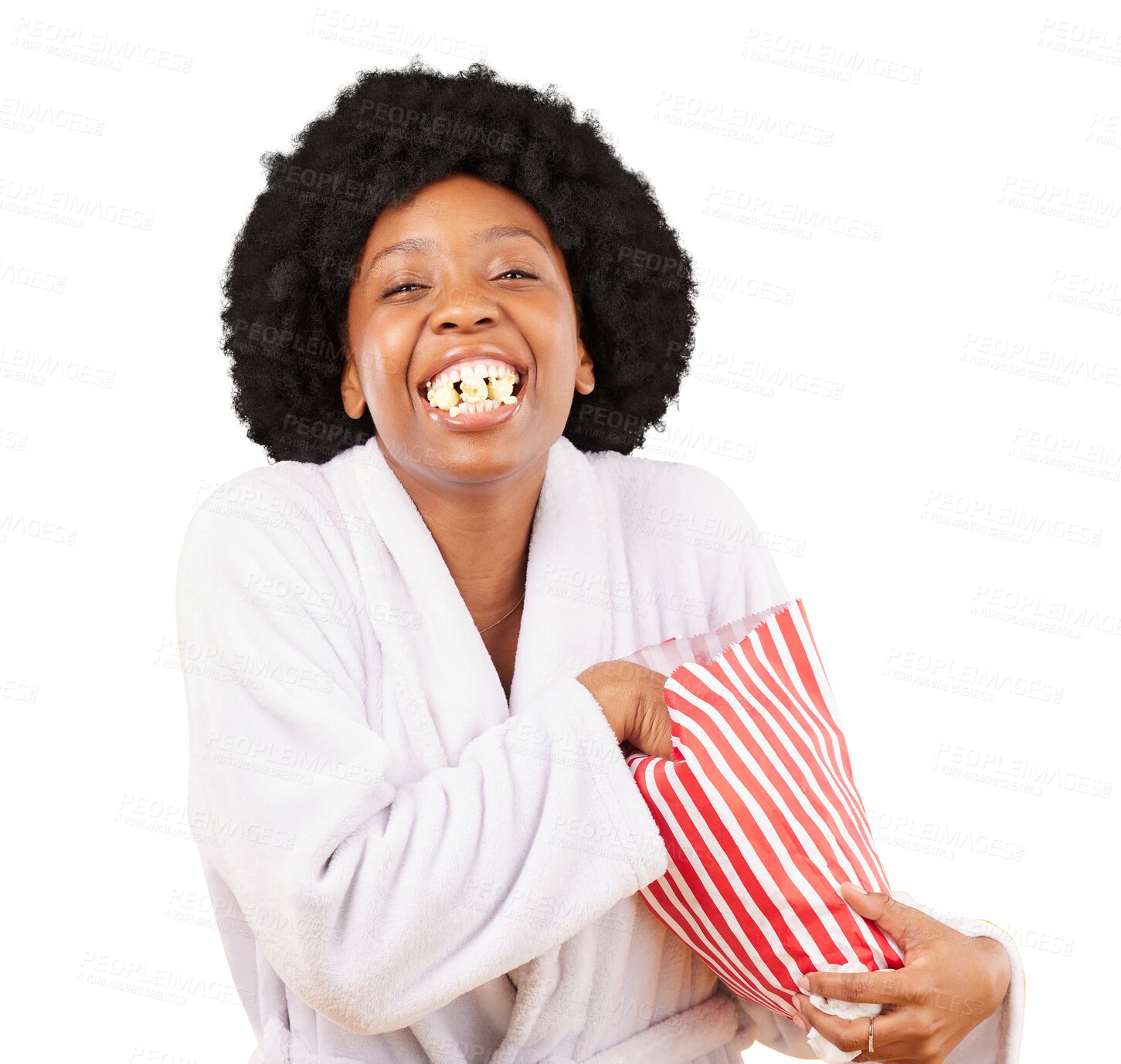 Buy stock photo Funny, portrait and black woman eating popcorn, happy and snack isolated on a transparent background. Face, person and model with happiness, humor and smile with a snack, corn and png with a bathrobe