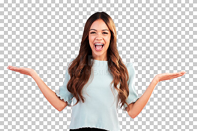 Buy stock photo Happy woman, portrait and palm with hands out for marketing or advertising isolated on a transparent PNG background. Excited female person smile for discount, sale or promotion in advertisement
