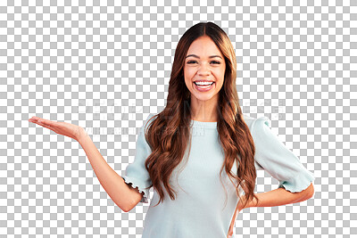Buy stock photo Happy woman, palm space and portrait, smile and isolated on a transparent png background and promo. Face, advertising and person with product placement for promotion, mockup hand and presentation
