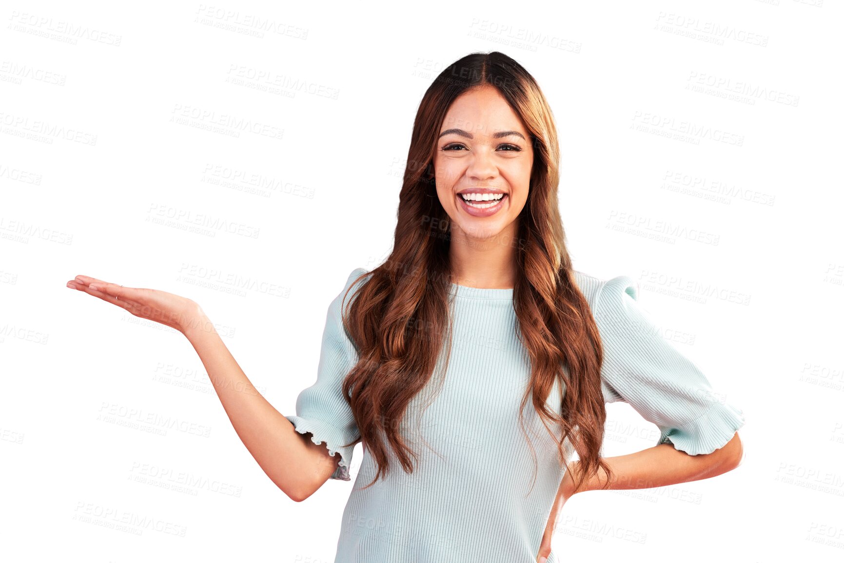 Buy stock photo Happy woman, palm space and portrait, smile and isolated on a transparent png background and promo. Face, advertising and person with product placement for promotion, mockup hand and presentation