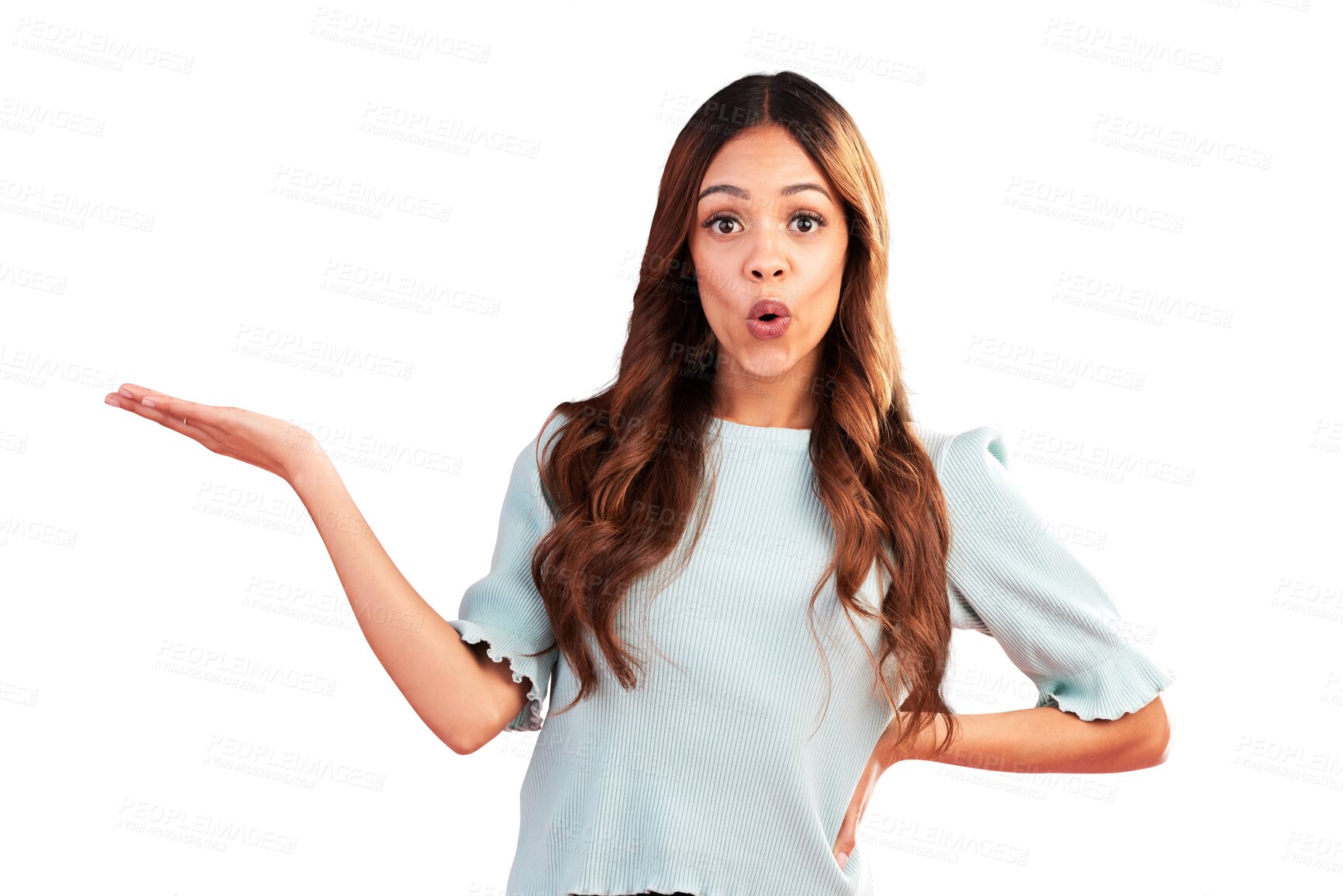 Buy stock photo Wow, woman and palm space in portrait isolated on a transparent png background for marketing. Face, advertising and person with product placement for promotion surprise, mockup hand and presentation