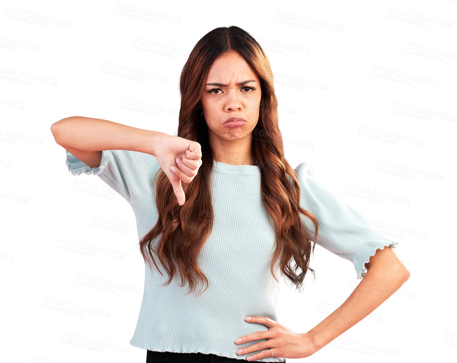 Buy stock photo Sad, thumbs down and portrait of woman for fail, wrong and isolated on a transparent png background. Angry, dislike hand sign and face of person with emoji for negative review, feedback and bad vote
