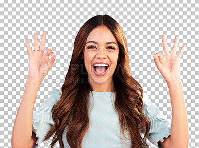 Portrait, like and woman with ok sign, success and support with girl against a studio background. Face, female and lady with hand gesture for perfect, emoji and symbol for approval, happiness and joy