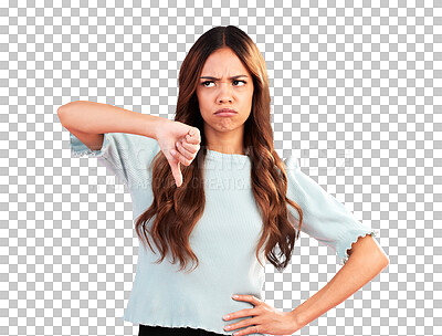 Buy stock photo Sad, thumbs down and woman fail, wrong and isolated on a transparent png background. Anger, dislike hand sign and disappointed person with emoji for negative review, feedback or vote of complaint.