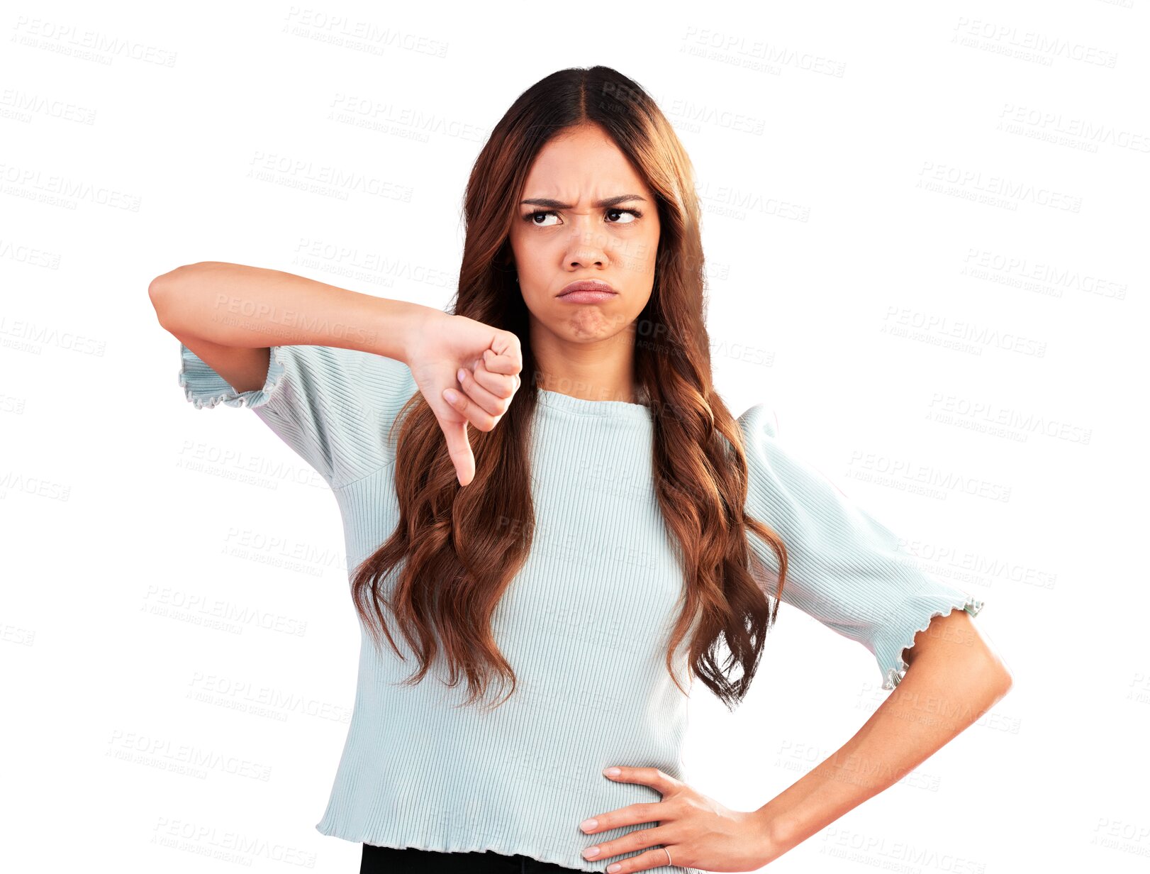 Buy stock photo Sad, thumbs down and woman fail, wrong and isolated on a transparent png background. Anger, dislike hand sign and disappointed person with emoji for negative review, feedback or vote of complaint.