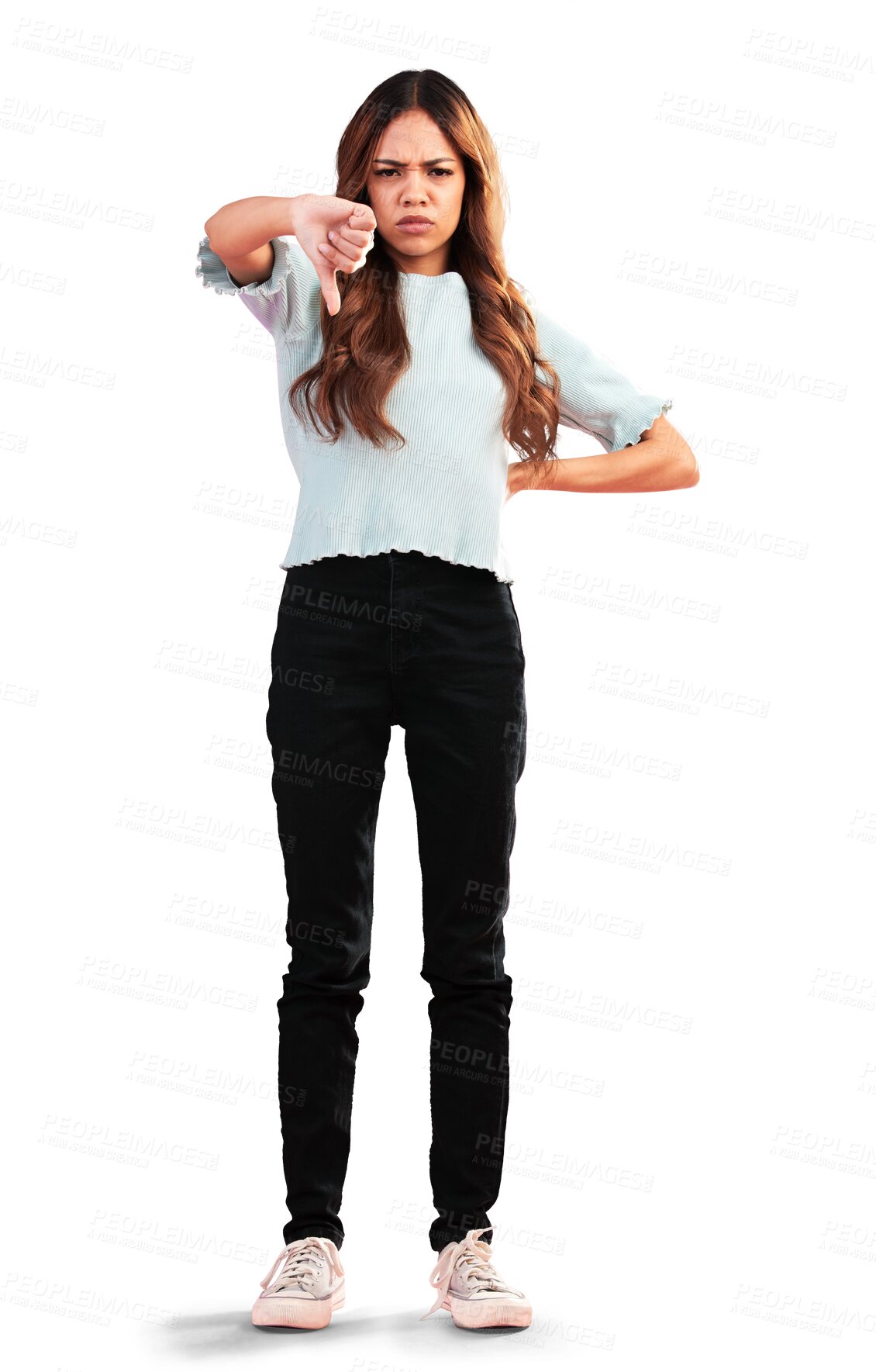 Buy stock photo Angry woman, portrait and hands with thumbs down, review and model isolated on transparent background. Reject, person and girl with wrong vote, feedback or bad news with png and complaint with emoji