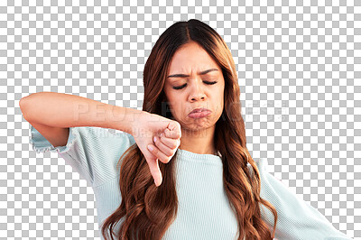 Buy stock photo Thumbs down, sad and woman fail, wrong and isolated on a transparent png background. Depression, dislike hand sign and unhappy person with emoji for negative review, feedback or vote of complaint.
