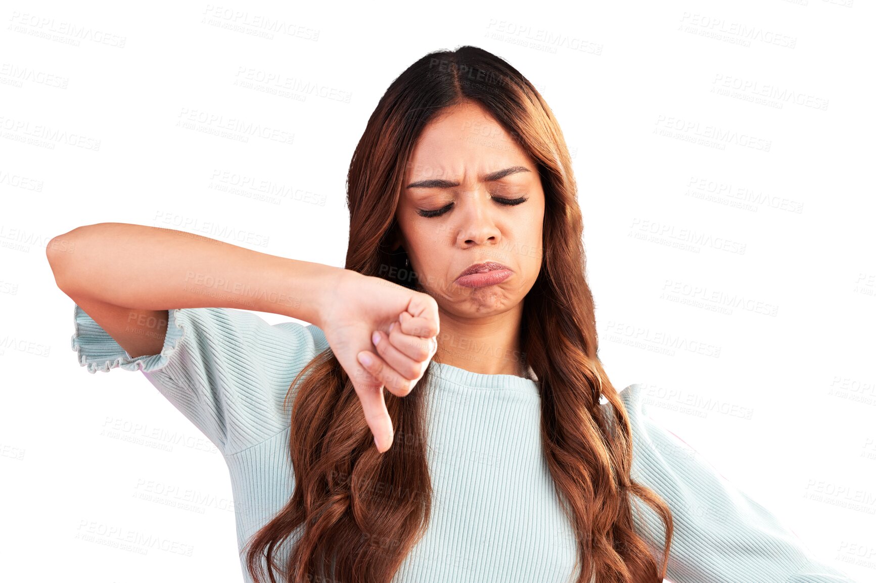 Buy stock photo Thumbs down, sad and woman fail, wrong and isolated on a transparent png background. Depression, dislike hand sign and unhappy person with emoji for negative review, feedback or vote of complaint.
