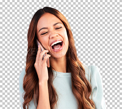 Woman, phone call and laughter with communication and technology, funny conversation on pink background. Happiness, young female with eyes closed and connection with talking on mobile in studio