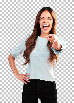 Buy stock photo Portrait, pointing to you and woman excited, support and model isolated on a transparent background. Png, person and girl with motivation, happy and choice with decision, selection and promotion