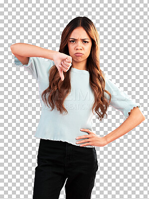 Buy stock photo Thumbs down, anger and portrait of woman for fail, wrong and isolated on a transparent png background. Sad, dislike hand sign and unhappy person with emoji for negative review, feedback and bad vote