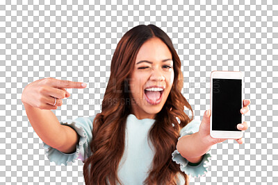 Buy stock photo Phone screen, pointing and wink with portrait of woman on png for mockup, social media or news. Promotion, show or offer with person isolated on transparent background for communication or mobile app
