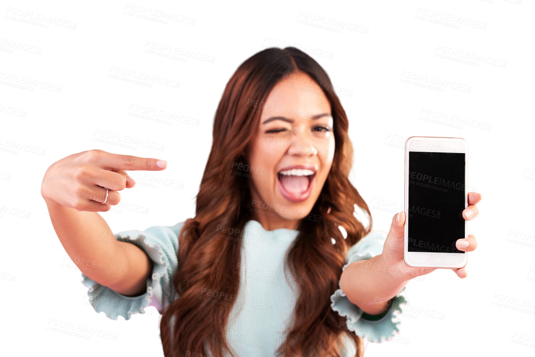 Buy stock photo Phone screen, pointing and wink with portrait of woman on png for mockup, social media or news. Promotion, show or offer with person isolated on transparent background for communication or mobile app