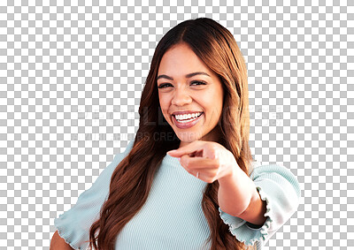 Buy stock photo Portrait, pointing to you and woman with support, motivation and happy model isolated on a transparent background. Png, person and girl with happiness, choice and decision with selection and smile