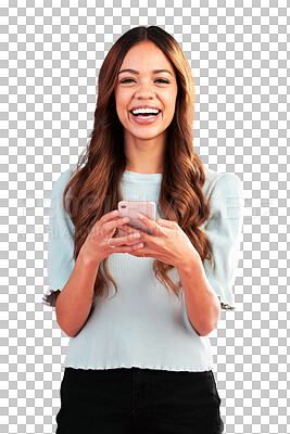 Buy stock photo Phone, happy and portrait of woman on social media, online or internet isolated in a transparent or png background. App, smartphone and female person smile for communication, subscription on website